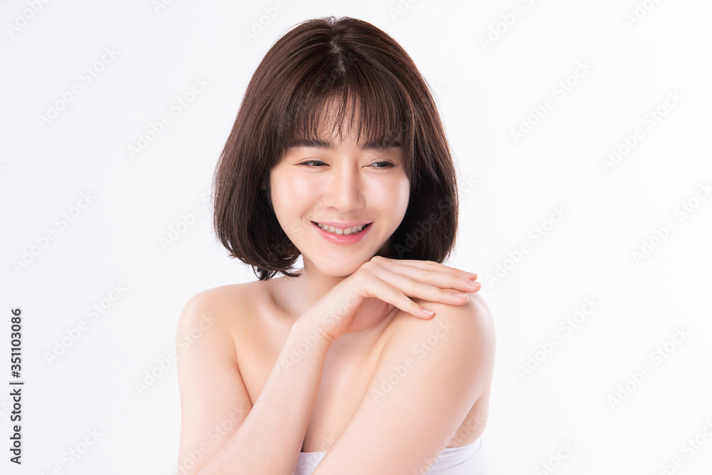 Beautiful Young Asian Woman touching her body with fresh Healthy Skin, isolated on white background, Beauty Cosmetics and Facial treatment Concept. Beautiful Young Asian Woman touching her body with fresh Healthy Skin, isolated on white background, Beauty Cosmetics and Facial treatment Concept.