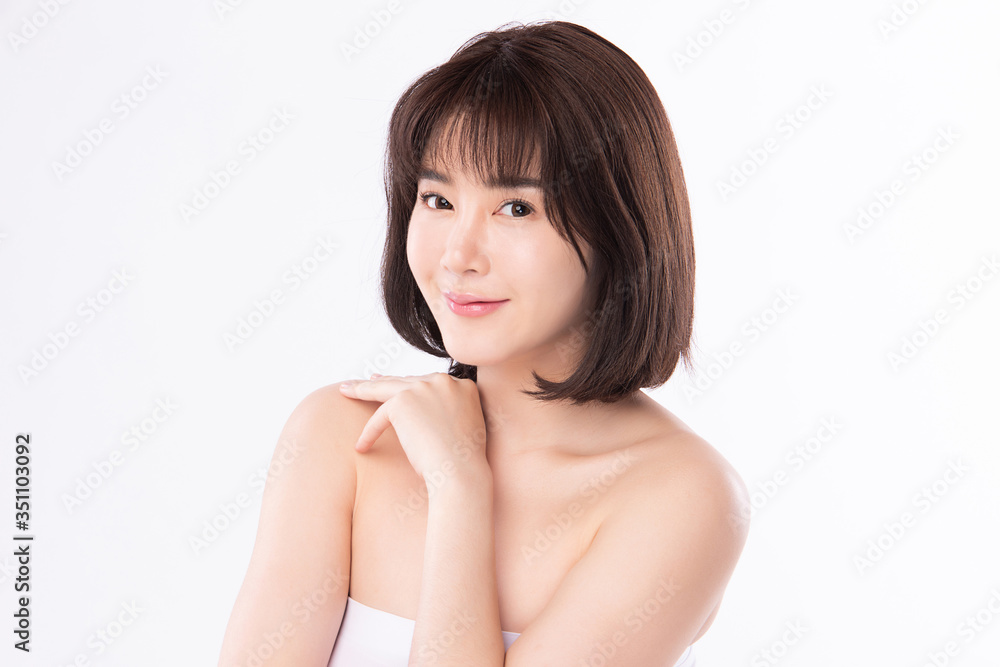 Beautiful Young Asian Woman touching her body with fresh Healthy Skin, isolated on white background, Beauty Cosmetics and Facial treatment Concept. Beautiful Young Asian Woman touching her body with fresh Healthy Skin, isolated on white background, Beauty Cosmetics and Facial treatment Concept.