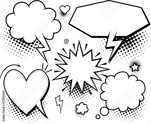 A set of comic speech bubbles and elements with halftone shadows