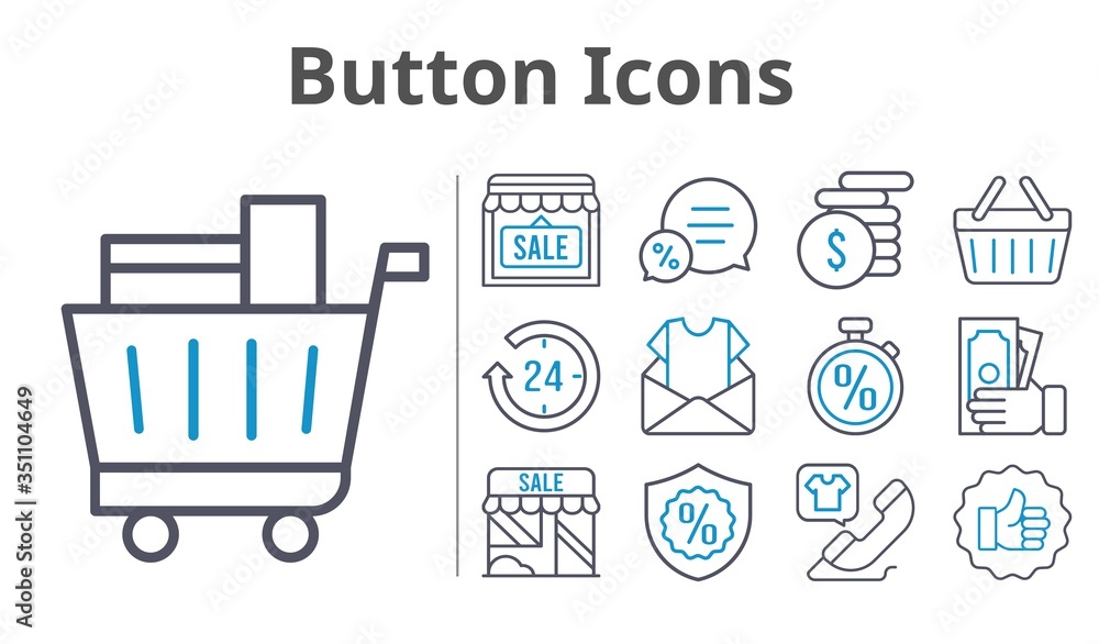 button icons set. included newsletter, 24-hours, shop, money, like, chat, shopping cart, warranty, phone call, shopping-basket, stopwatch icons. bicolor styles. button icons set. included newsletter, 24-hours, shop, money, like, chat, shopping cart, warranty, phone call, shopping-basket, stopwatch icons. bicolor styles.