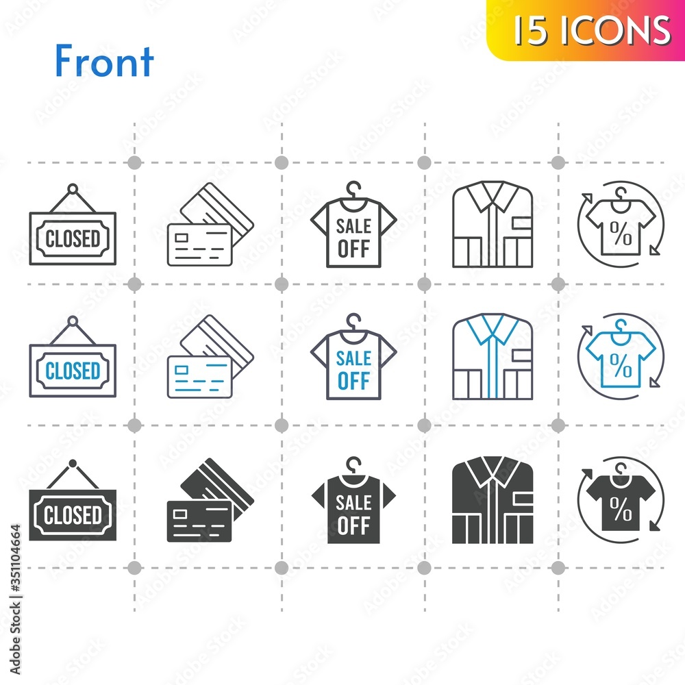 front icon set. included shirt, closed, credit card icons on white background. linear, bicolor, filled styles.