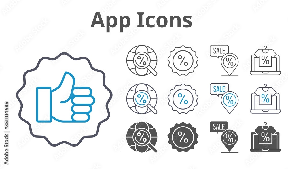 app icons icon set included online shop, like, discount, placeholder, internet icons app icons icon set included online shop, like, discount, placeholder, internet icons