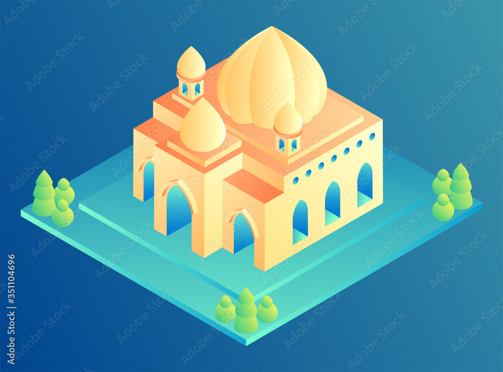 illustration of mosque with 3d illustration design, arabian islamic landmark and city town, the luxury building concept illustration of mosque with 3d illustration design, arabian islamic landmark and city town, the luxury building concept
