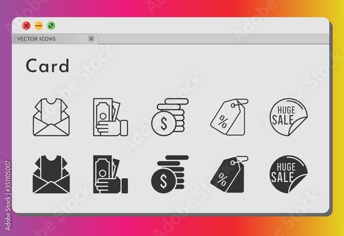 card icon set. included newsletter, sale, money, price tag icons on white background. linear, filled styles.