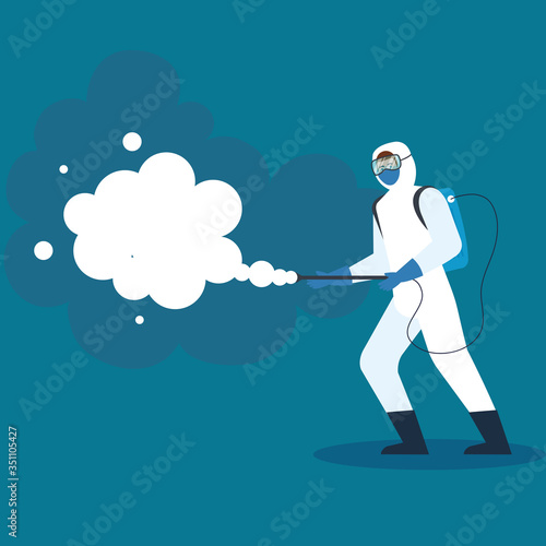 person with protective suit or spraying viruses of covid 19, desinfection virus concept