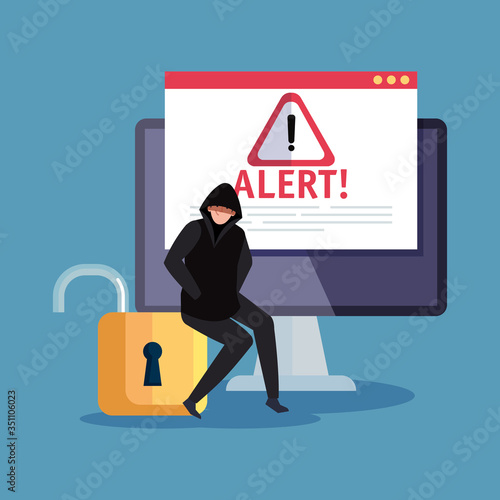 hacker with desktop computer icon vector illustration design