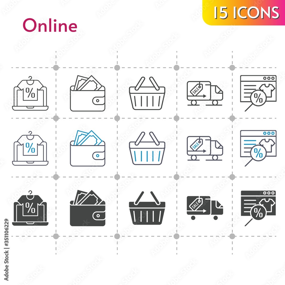 online icon set. included online shop, wallet, shopping-basket, delivery truck, shopping basket icons on white background. linear, bicolor, filled styles.
