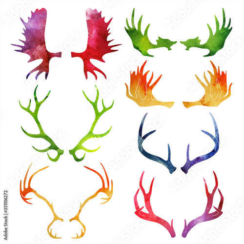 Watercolor silhouettes of deer and moose horns. vector illustration