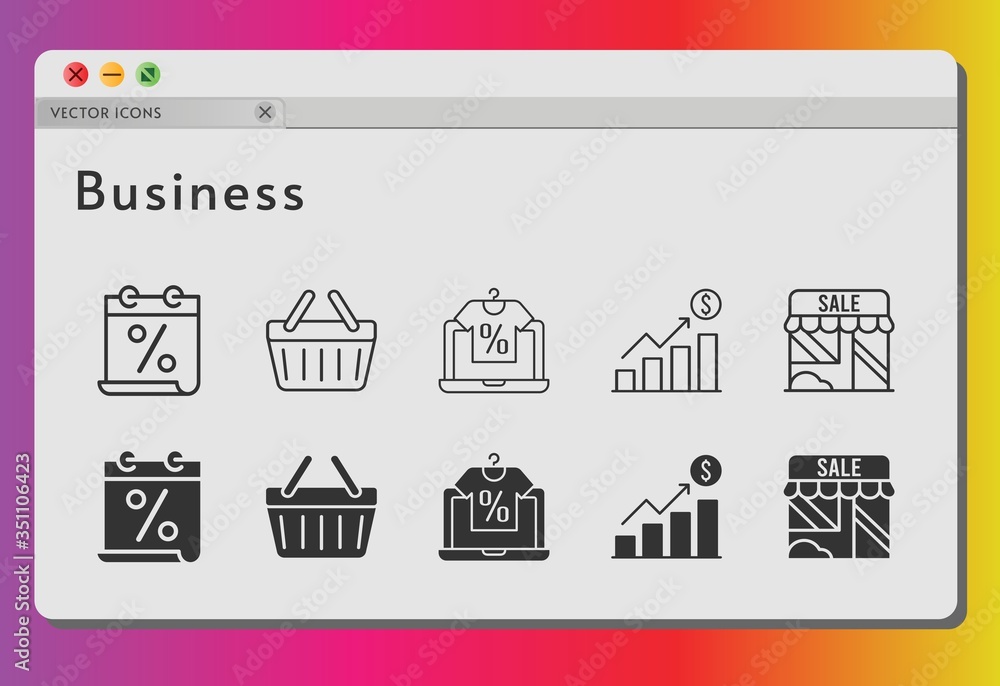business icon set. included calendar, online shop, profits, shop, shopping-basket, shopping basket icons on white background. linear, filled styles.