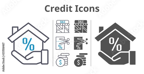 credit icons icon set included mortgage, shop, money, voucher icons