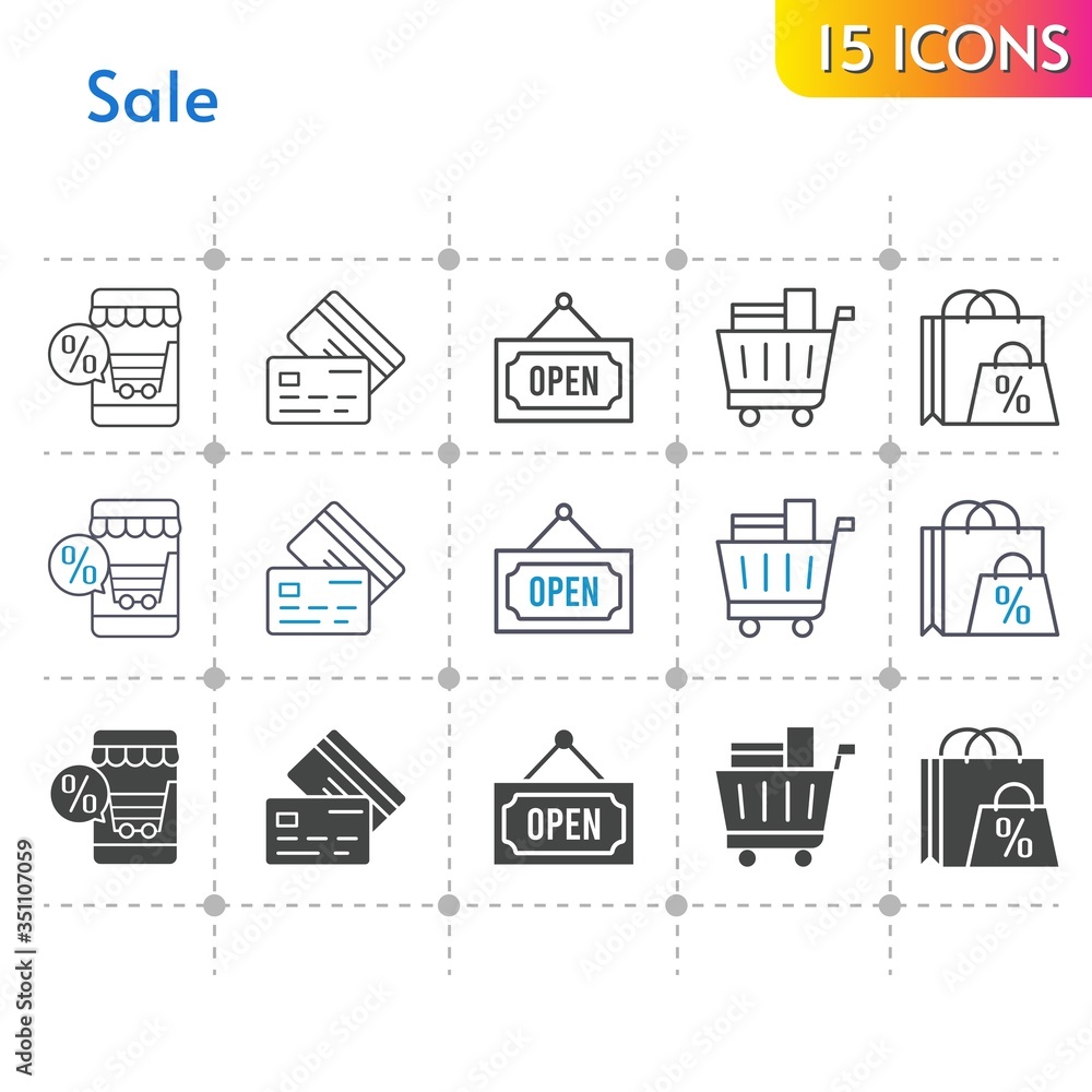 sale icon set. included online shop, shopping bag, shopping cart, credit card, open icons on white background. linear, bicolor, filled styles.