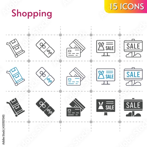 shopping icon set. included online shop, sale, discount, credit card, trolley icons on white background. linear, bicolor, filled styles.