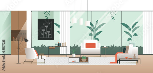 Spacious modern living room interior with large windows. Home interior in flat design