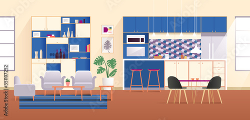 Modern open kitchen and dining area with blue cabinets. Home interior in flat design