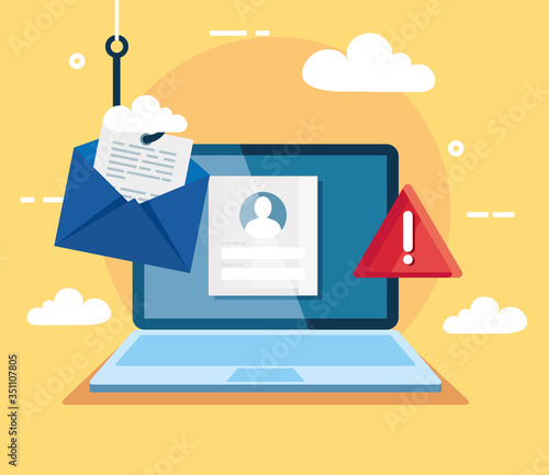 data phishing hacking online scam concept, with laptop and envelope hook vector illustration design