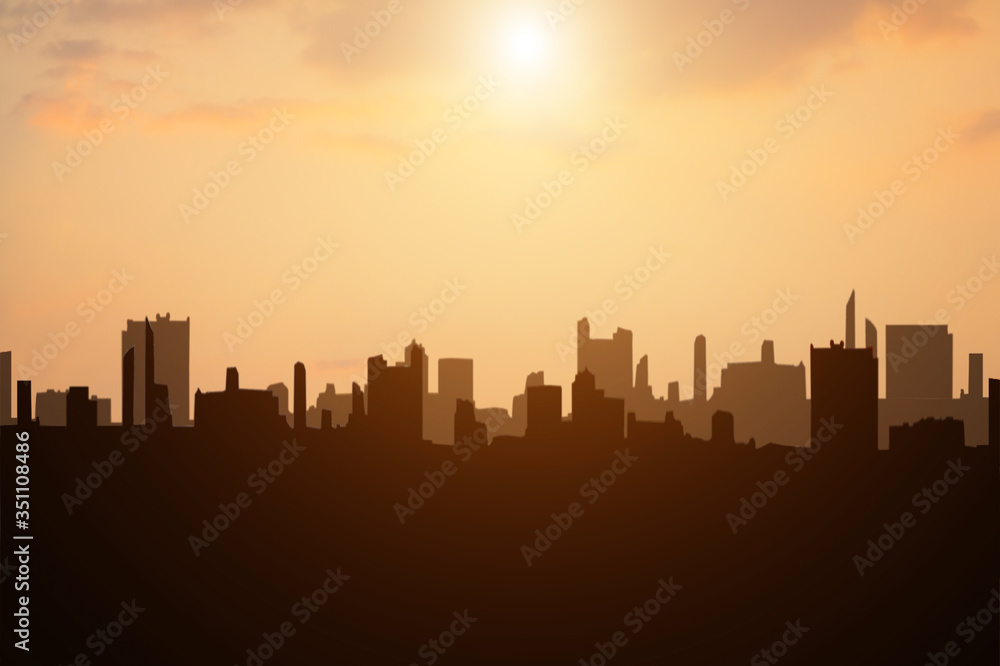 silhouette city  and sky on sun ray, silhouetted Bangkok city with sunrise or sunset.