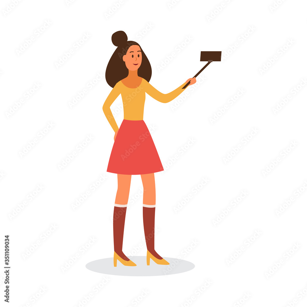 Character of woman taking selfie with phone, flat vector illustration isolated. Character of woman taking selfie with phone, flat vector illustration isolated.