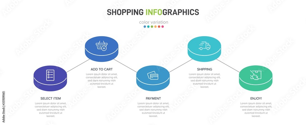 Concept of shopping process with 5 successive steps. Five colorful graphic elements. Timeline design for brochure, presentation, web site. Infographic design layout. Concept of shopping process with 5 successive steps. Five colorful graphic elements. Timeline design for brochure, presentation, web site. Infographic design layout.