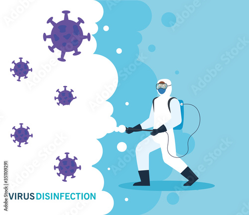 person with protective suit or spraying viruses and particles covid 19, desinfection virus concept vector illustration design