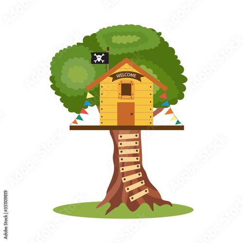Children tree house with playing equipment, flat vector illustration isolated.