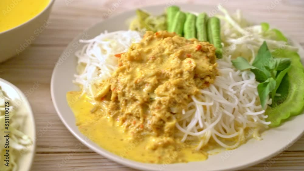 Thai Rice Noodles with Crab Curry and Variety Vegetables - Thai local southern food Thai Rice Noodles with Crab Curry and Variety Vegetables - Thai local southern food