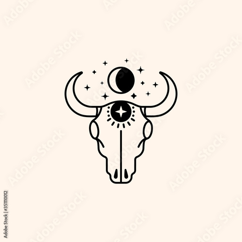Mystical cow skull logo with moon and stars in a trendy minimal linear style. Vector emblem symbol of witchcraft
