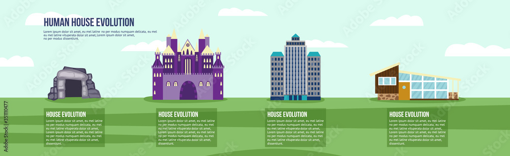 Evolution of house and building progress set, flat vector illustration isolated.
