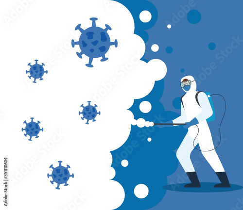 person with protective suit or spraying viruses and particles covid 19, desinfection virus concept vector illustration design