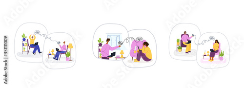 Psychological online services - personal distance support or assistance at home by internet. Upset people crying and talking with psychologist online, individual therapy session or consultation vector