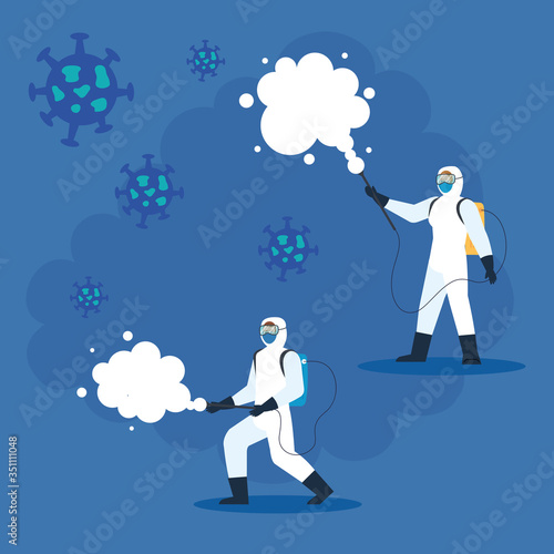people with protective suit or spraying viruses and particles covid 19, desinfection virus concept vector illustration design