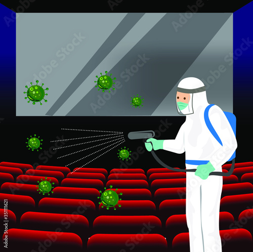 Vector illustration of a coronary injection (Covid-19) personnel sterilizing spray in 
Movie theaters.
