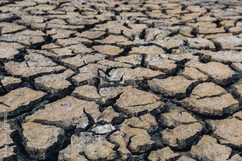 Arid cracked ground. Broken dried mud from arid problem. Global warming crisis.