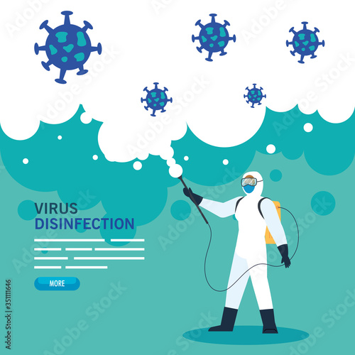 person with protective suit or spraying viruses and particles covid 19, desinfection virus concept vector illustration design