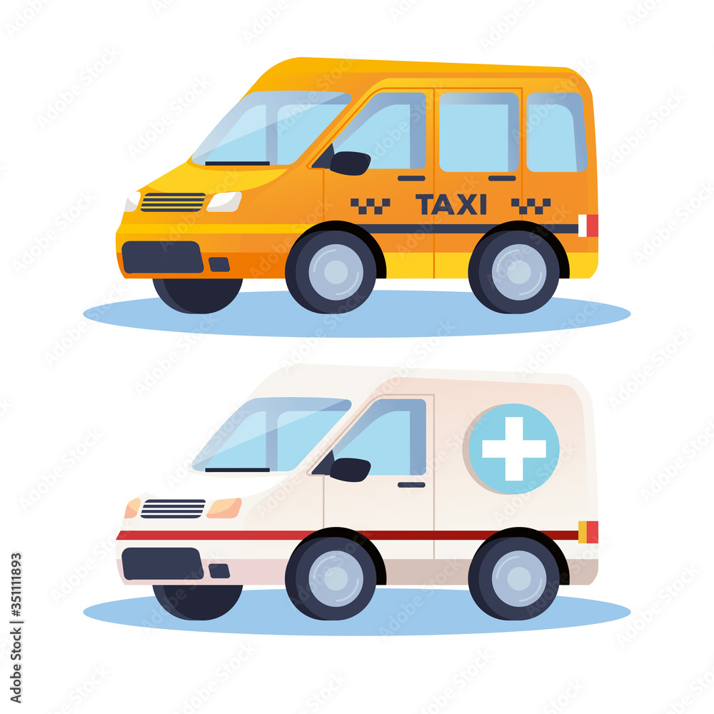 ambulance and taxi transport vehicles vector illustration design