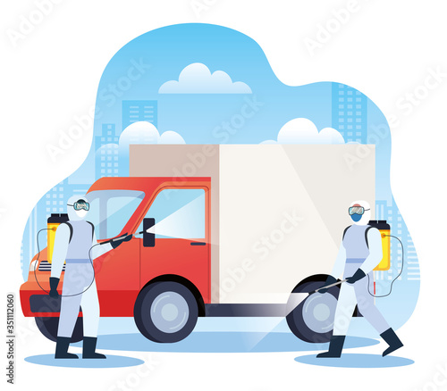truck disinfectant services for covid 19 disease vector illustration design