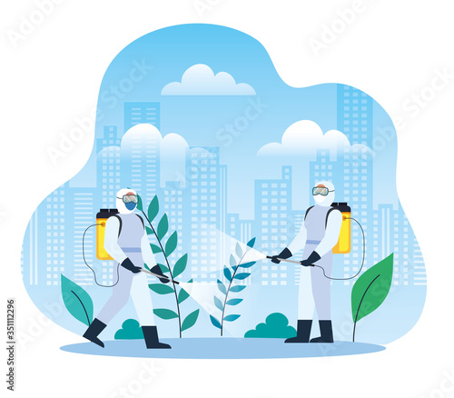 people with protective suit or spraying viruses of covid 19, desinfection virus concept