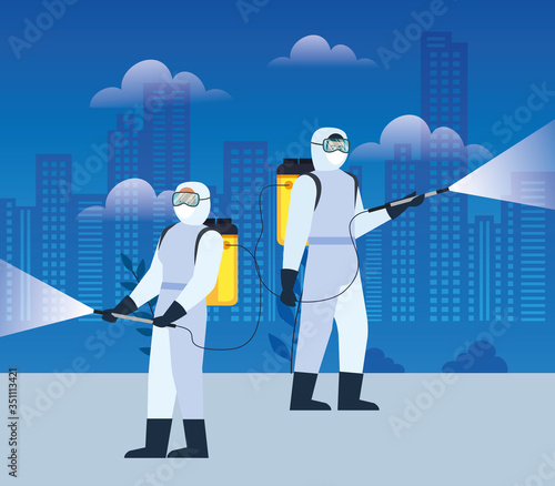 people with protective suit or spraying viruses of covid 19, desinfection virus concept