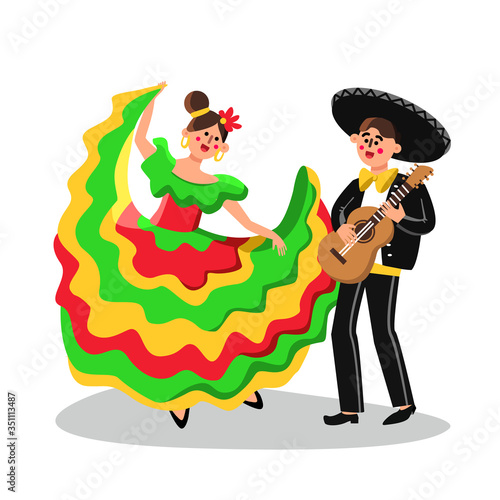 Mariachi Man Musician And Woman Dancing Vector