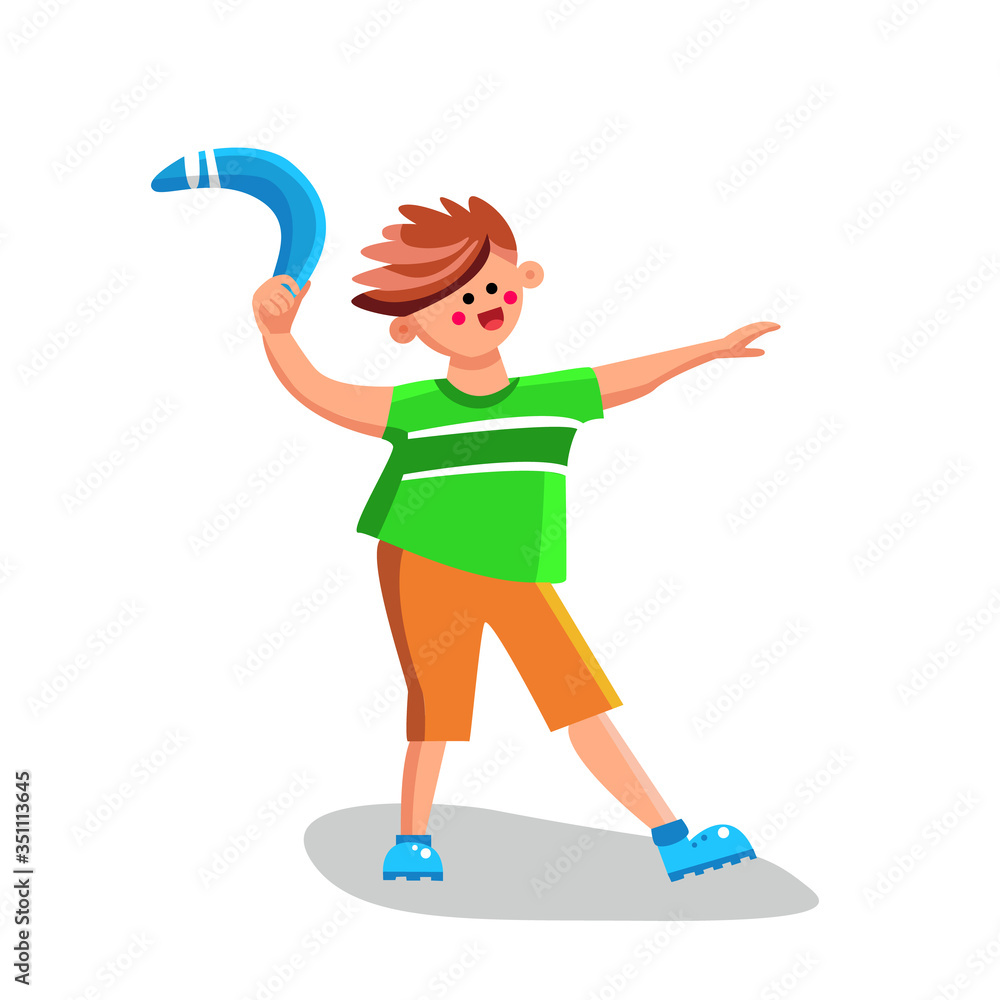 Boy Throwing Boomerang Playing Equipment Vector Illustration