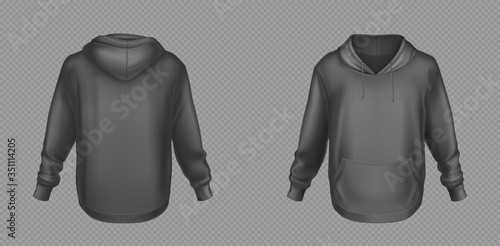 Hoody, black sweatshirt mock up front and back view set. Isolated hoodie with long sleeves, kangaroo muff pocket and drawstrings. Sport, casual or urban clothing fashion, Realistic 3d vector mockup