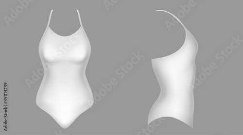 Swimwear mockup, white bathing female clothes, beach wear front side view. Women fashion, swimsuit model design, isolated objects on grey background Realistic 3d vector icons, mock up