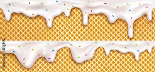Realistic drip ice cream melted drops with sprinkles on waffle cone background. Melted white sweet liquid splashes, glossy cream border with dripping droplets, molten texture 3d vector illustration