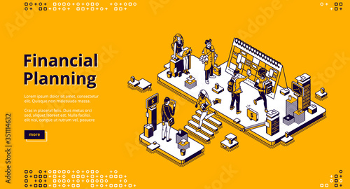 Financial planning isometric landing page. Marketing strategy, company finance analytic, agency working process, business people in office at huge calendar with dates, 3d vector line art web banner