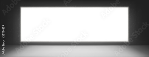 Tv or cinema screen, blank television monitor on dark wall background. White glowing LCD display, advertising billboard or shield for video displaying, empty plasma panel realistic 3d vector mock up