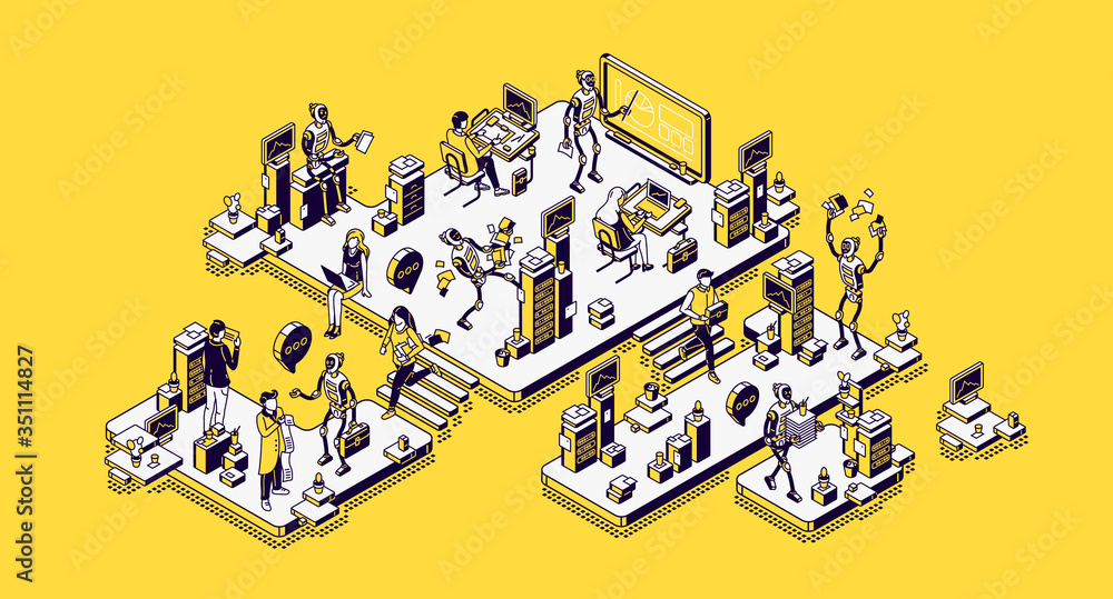 Human and ai robots office workers. Robotic employees together with people in futuristic workplace. Cyborgs automation, artificial intelligence technologies, isometric 3d vector line art illustration