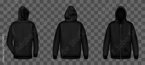 Black sweatshirt with zipper, hood and pockets front and back view. Vector realistic mockup of male zip hoodie with long sleeve. Man silhouette in street wear, urban style sport shirt