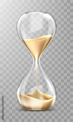 Sand hourglass, glass timer with falling golden grains. Vector realistic sand clock isolated on transparent background. Vintage watch for countdown hour or minutes. Running time or deadline concept