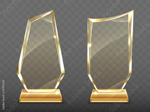 Glass trophy on gold base, transparent crystal winner award. Vector realistic blank clear acrylic prizes to best film, achievement, sport victory or academy success isolated on transparent background