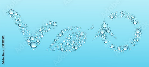 Check mark, leaf and recycle sign done from water drops. Vector realistic condensation dew in shape of eco symbols isolated on blue background. Icons of healthy and eco friendly reuse