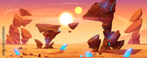 Alien planet desert in cosmos. Mars landscape background, ocher ground surface with rocks, blue crystals, two suns on sky. Martian extraterrestrial computer game backdrop, cartoon vector illustration